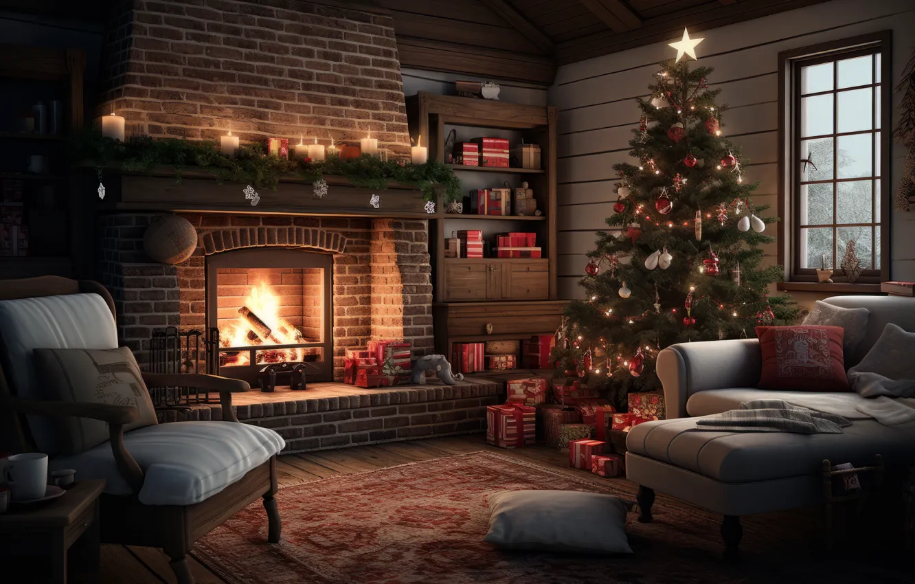Photo wallpaper decoration, house, room, balls, tree, interior, New Year, Christmas
