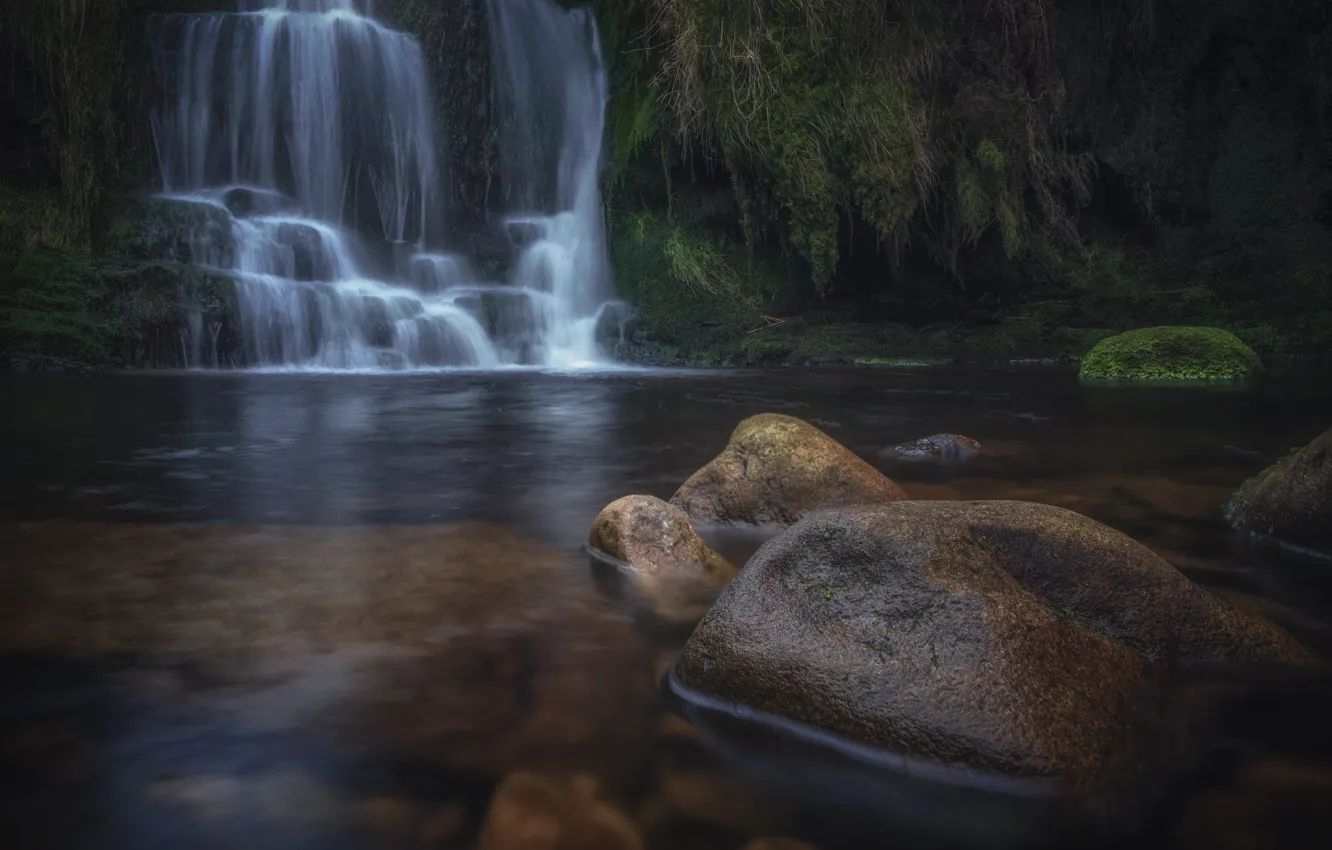 Photo wallpaper stones, shore, waterfall, pond