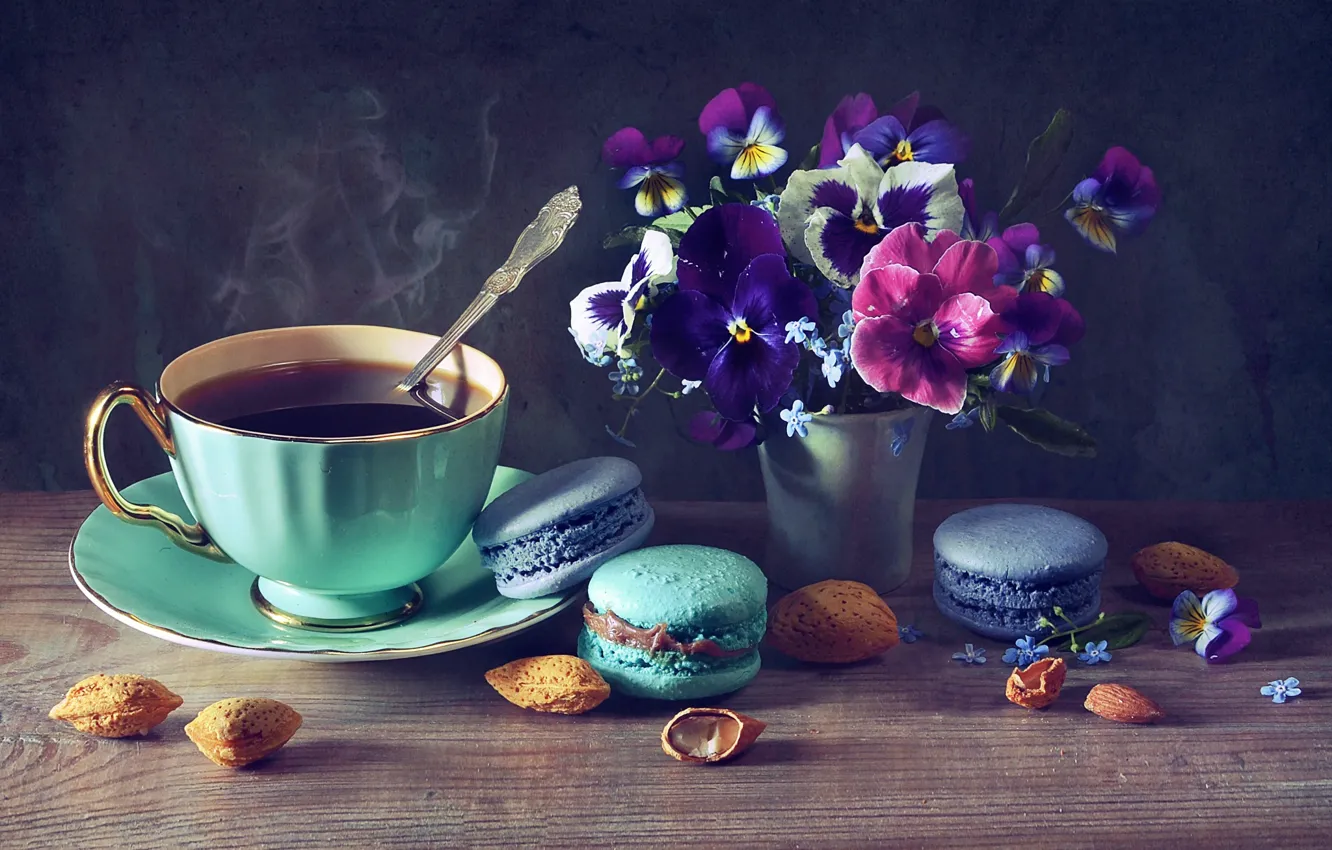 Photo wallpaper flowers, coffee, Cup, nuts, Pansy, cakes, almonds, forget-me-nots