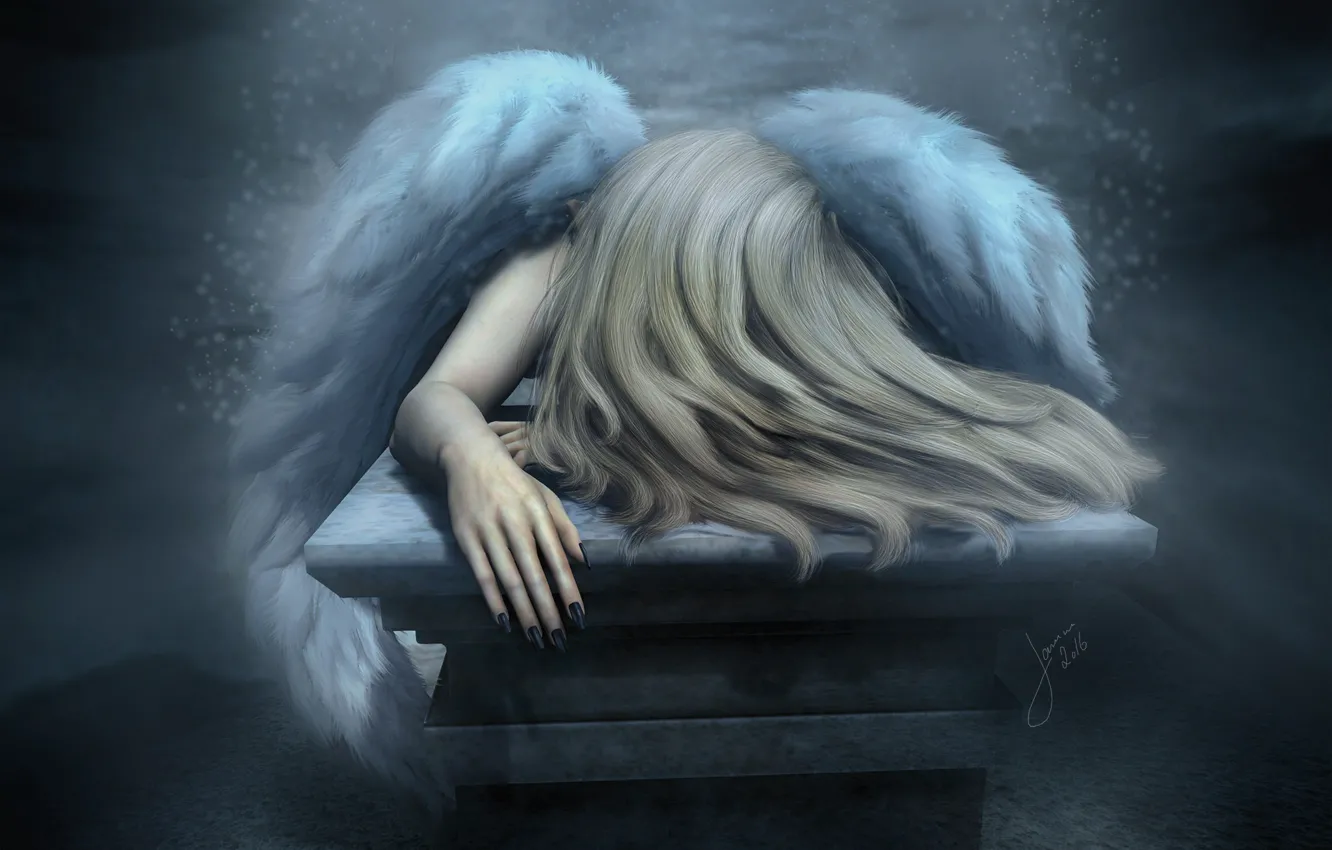 Photo wallpaper sadness, mood, hair, wings, angel