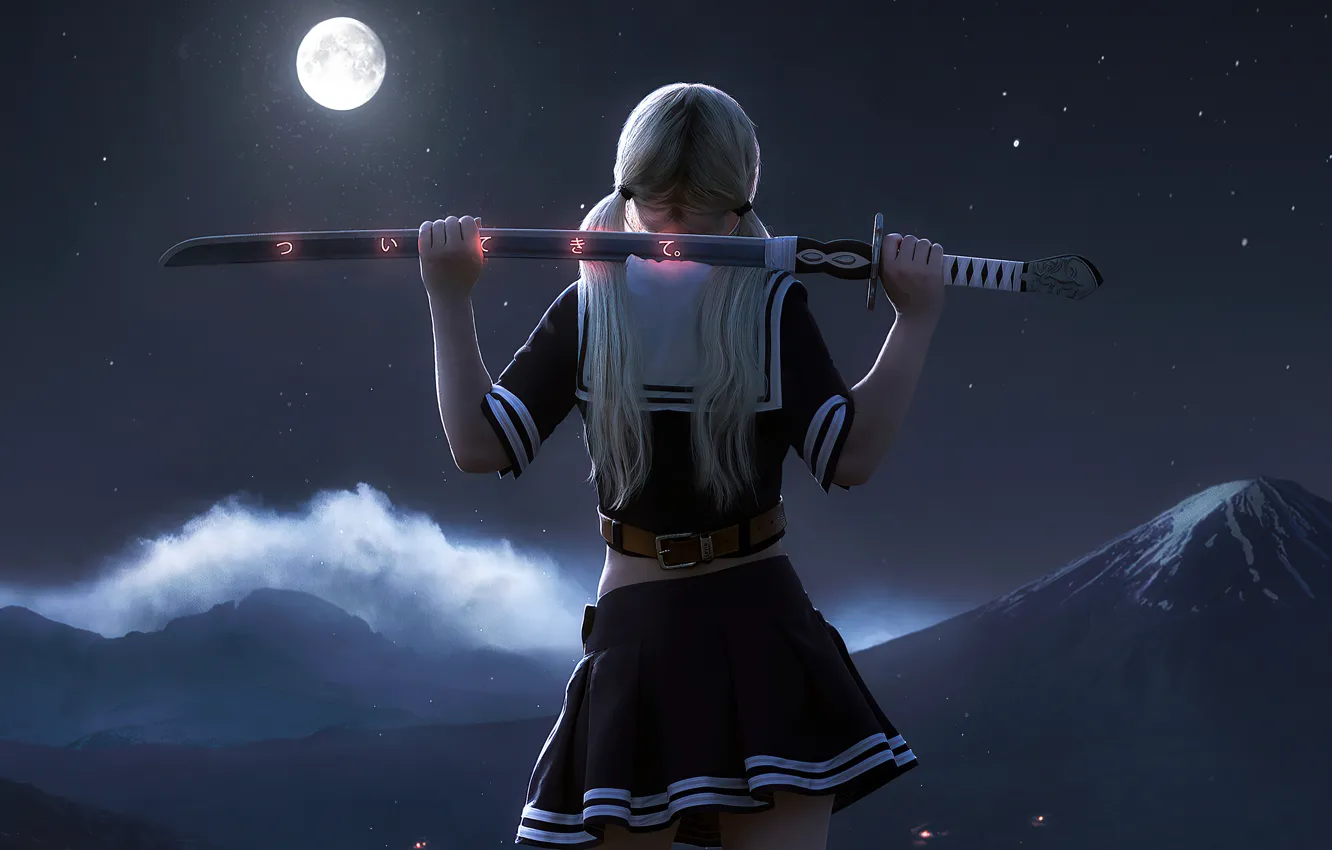 Photo wallpaper girl, moon, babydoll, night, miniskirt, White hair, 3d girl, samurai sword