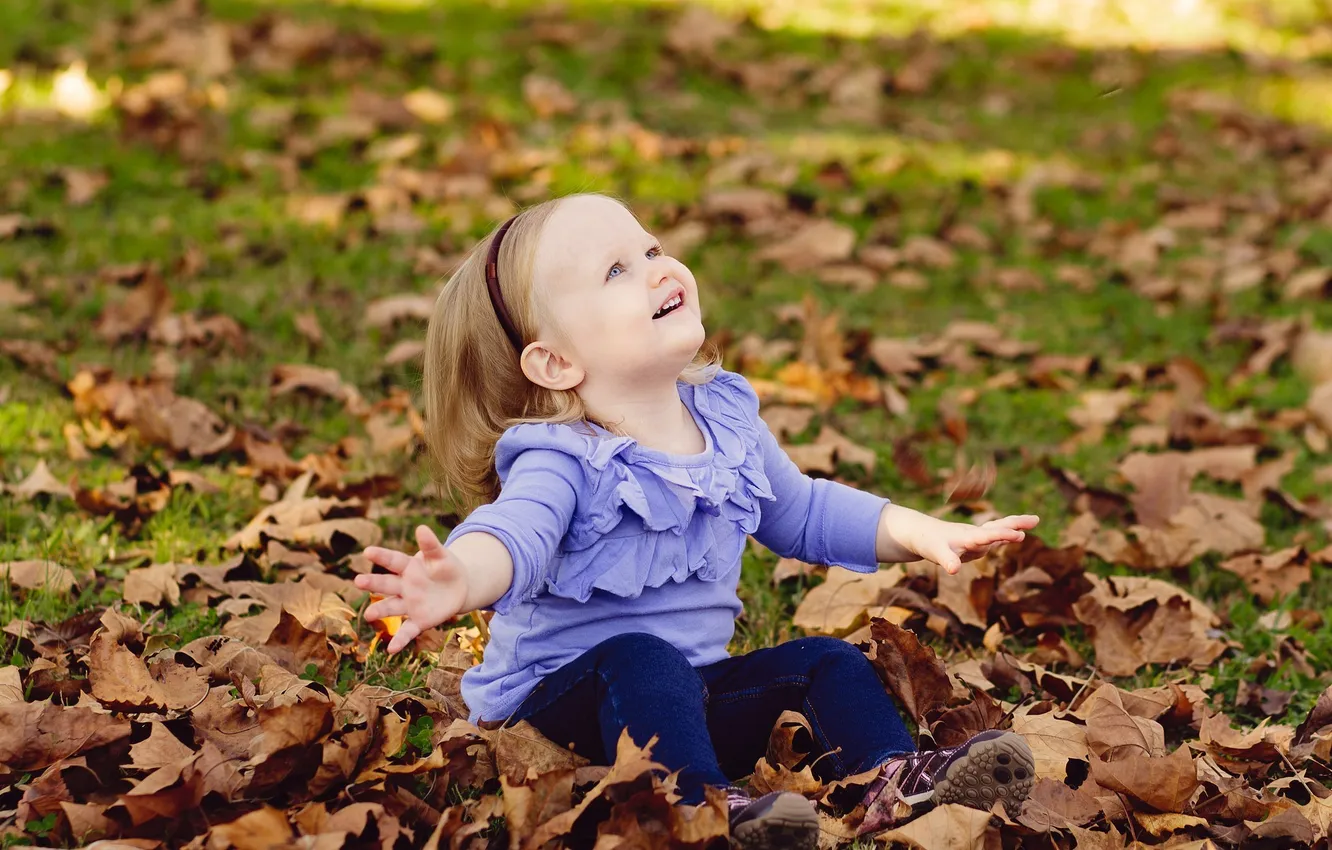 Photo wallpaper autumn, leaves, children, girl
