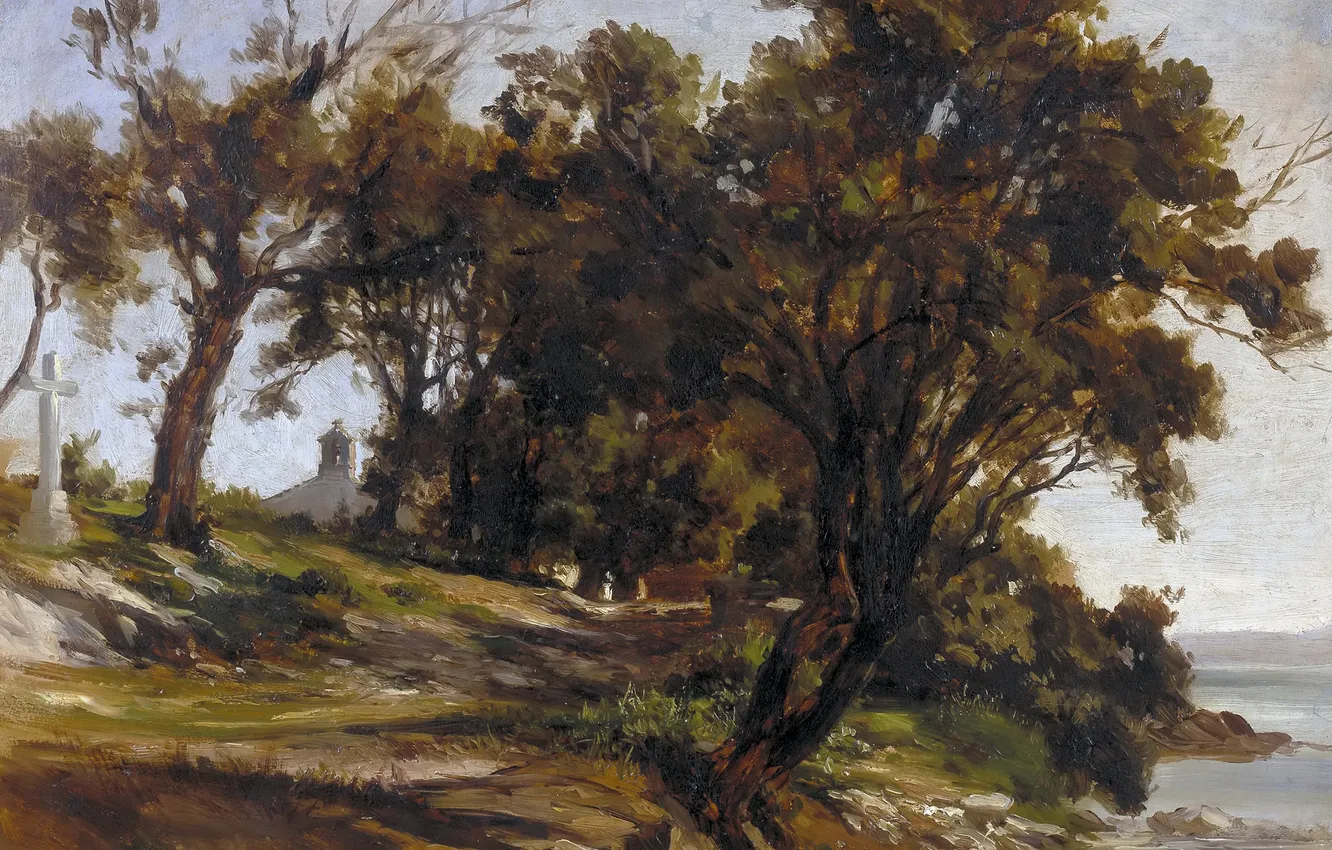 Photo wallpaper trees, landscape, picture, Carlos de Haes, The monastery in San Vicente de La Barker