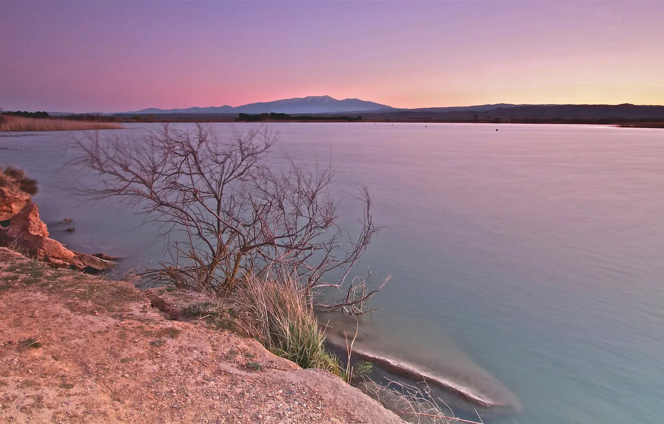 Photo wallpaper the sky, trees, sunset, mountains, lake