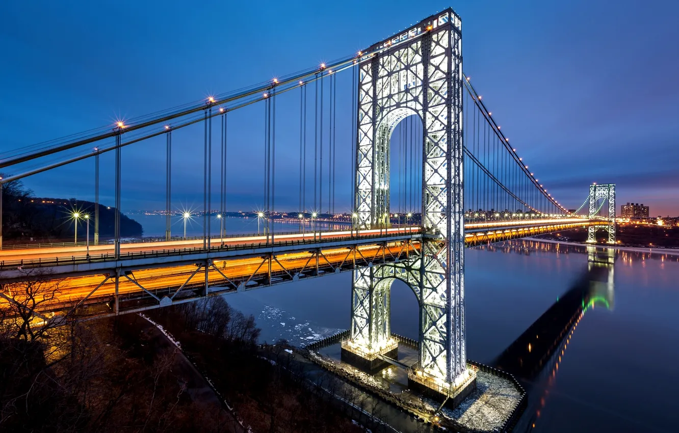 Photo wallpaper road, the city, lights, river, New York, USA, USA, Manhattan