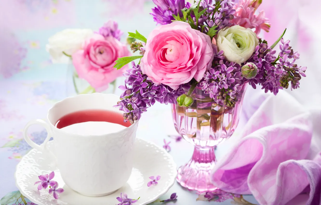 Photo wallpaper tea, bouquet, vase, lilac, Ranunculus