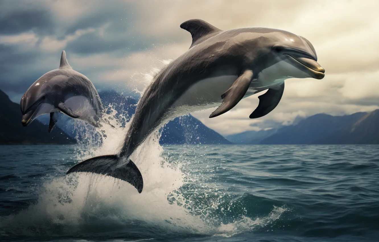 Photo wallpaper sea, water, mountains, jump, dolphins, two, digital art, AI art