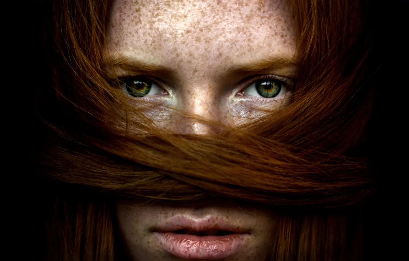 Photo wallpaper eyes, girl, hair, red