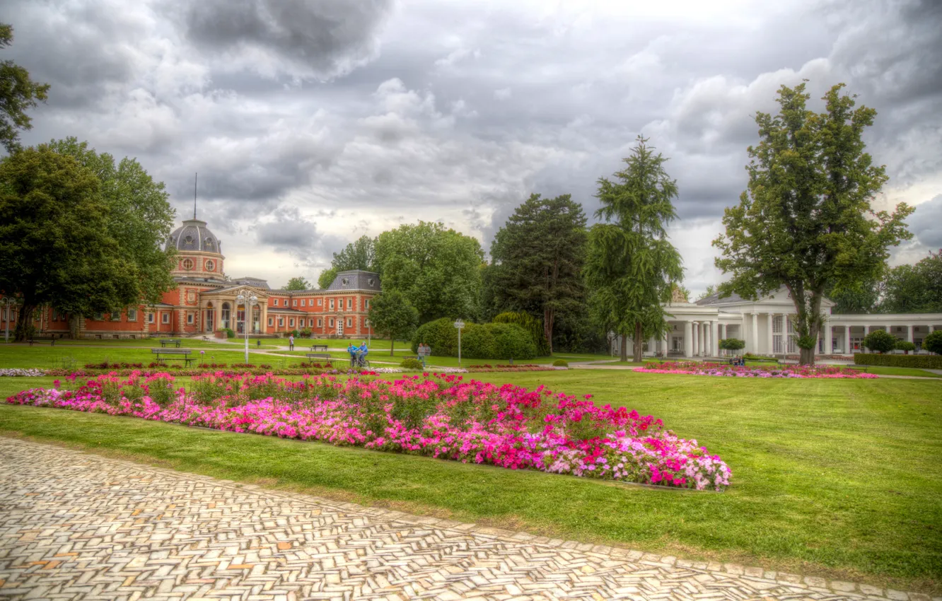 Photo wallpaper the sky, flowers, Park, building, HDR, Germany, track, Germany