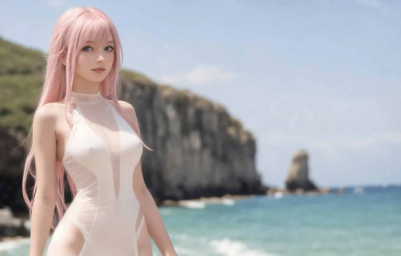 Photo wallpaper girl, fantasy, lingerie, pink hair, coast, art, fantasy girl, Stable Diffusion