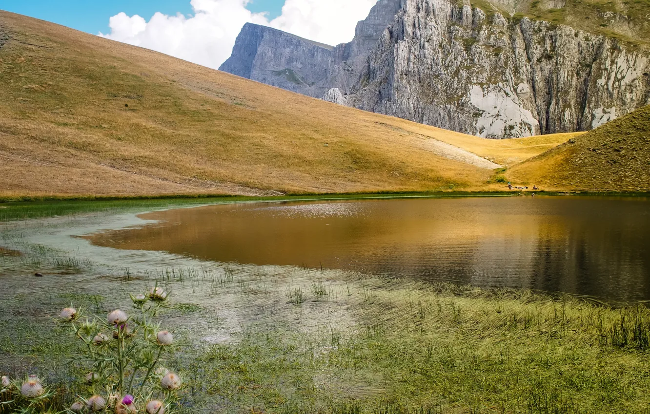 Photo wallpaper mountains, lake, stones, rocks, Greece, reed, Dragon lake