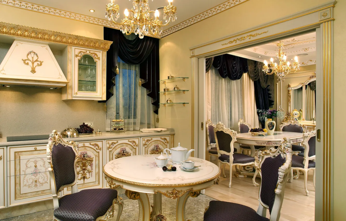 Photo wallpaper design, furniture, interior, the ceiling, kitchen, chandelier, luxury