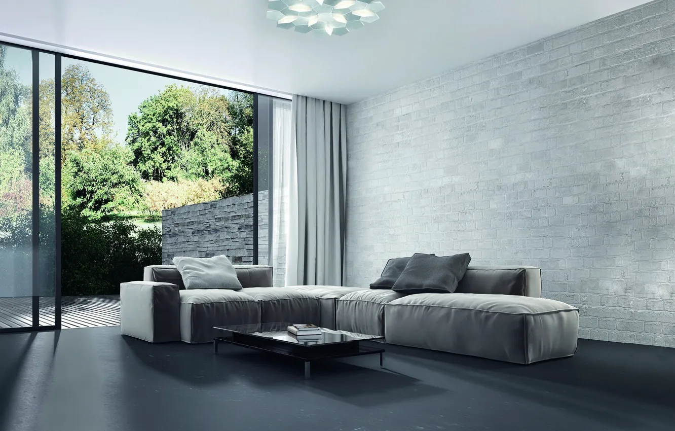 Photo wallpaper design, style, interior, minimalism, sofa, living room