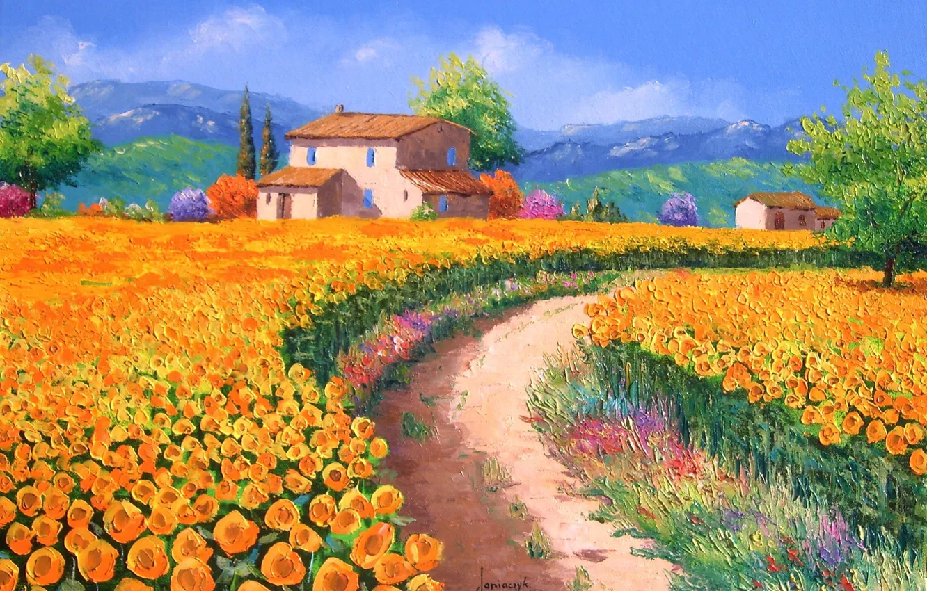 Photo wallpaper road, field, trees, sunflowers, landscape, flowers, mountains, hills