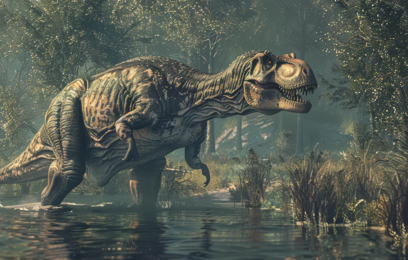 Photo wallpaper water, trees, animal, dinosaur, predator, Tyrannosaurus, digital art, Tyrannosaurus Rex