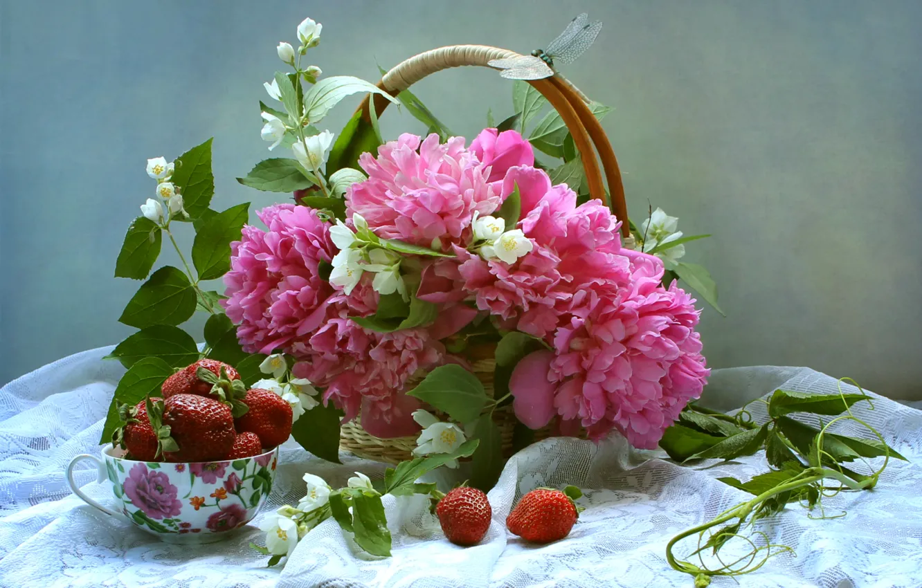 Photo wallpaper berries, basket, bouquet, dragonfly, strawberry, still life, peonies, Jasmine