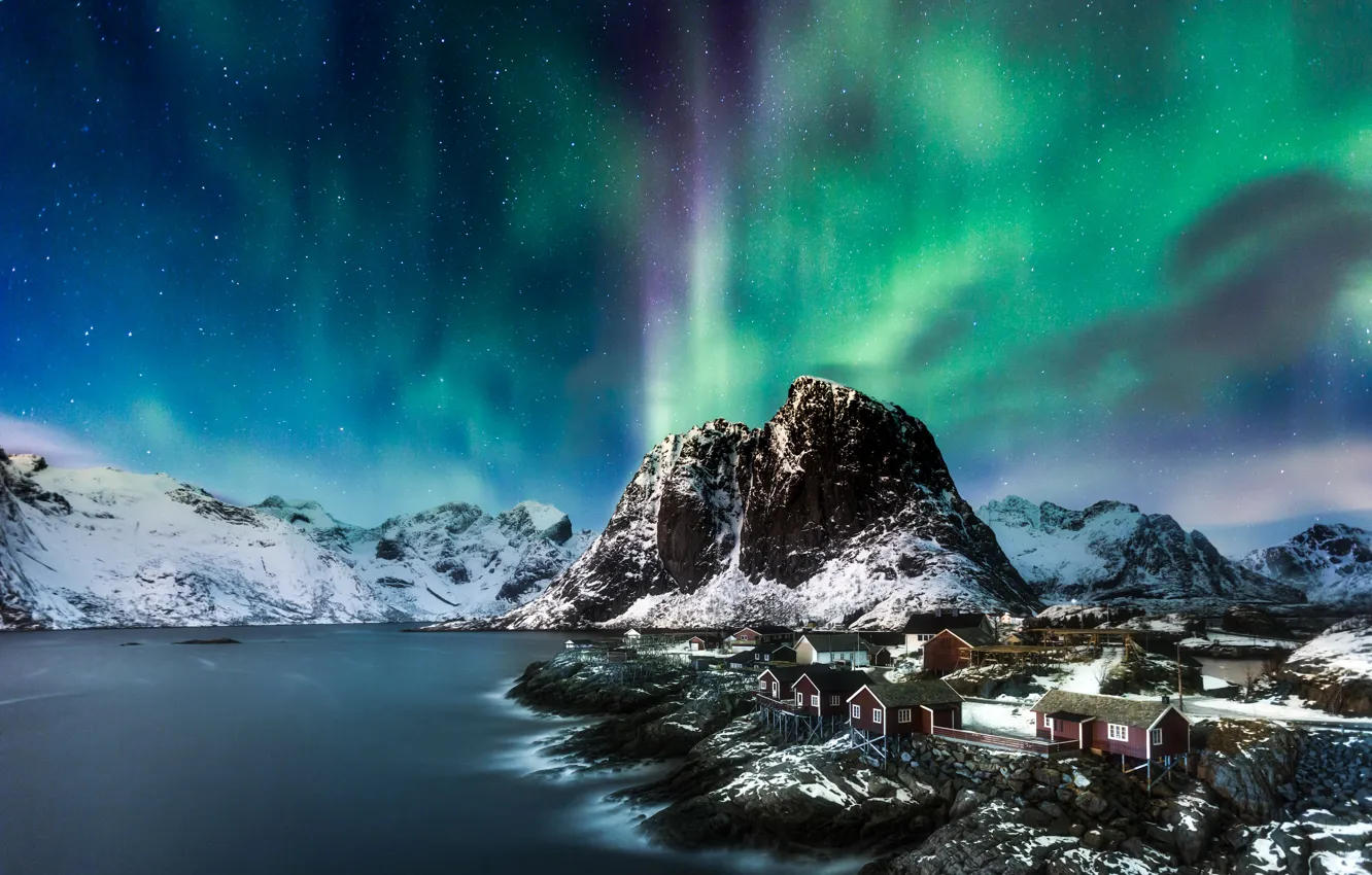 Photo wallpaper sea, mountains, rocks, Norway, Northern lights, house, The Lofoten Islands
