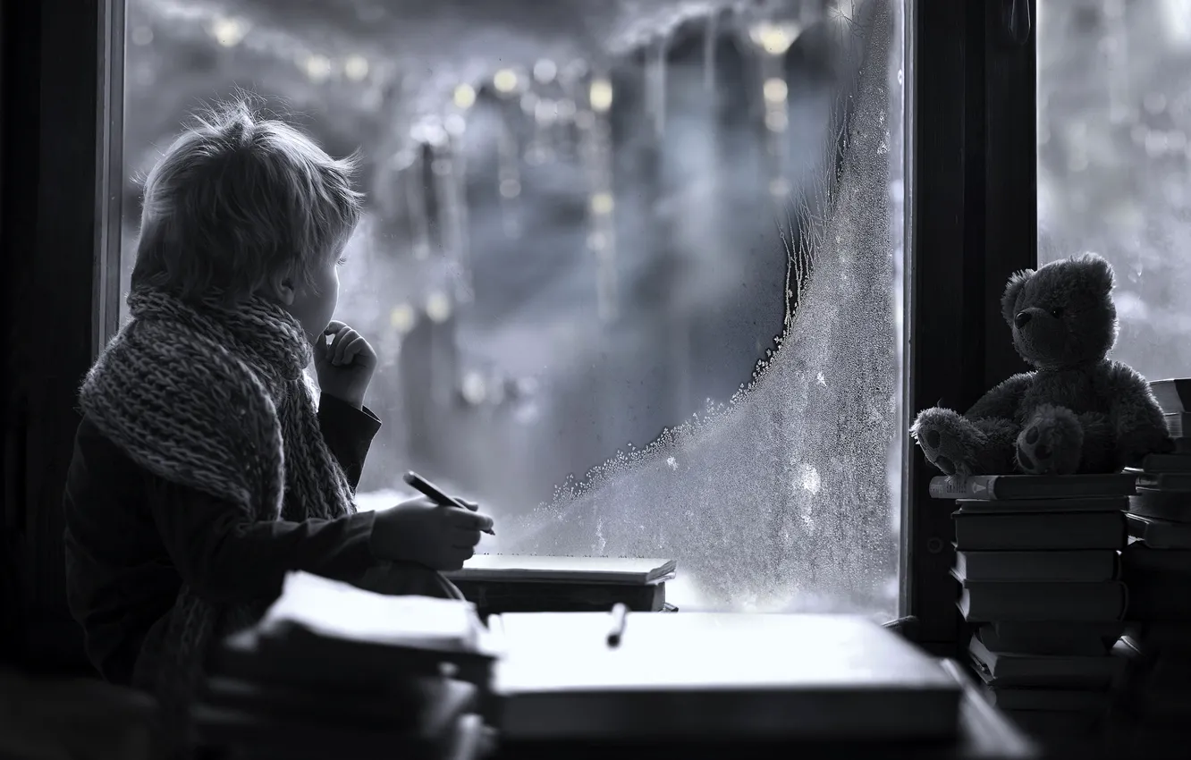 Photo wallpaper winter, look, toy, books, child, boy, scarf, window