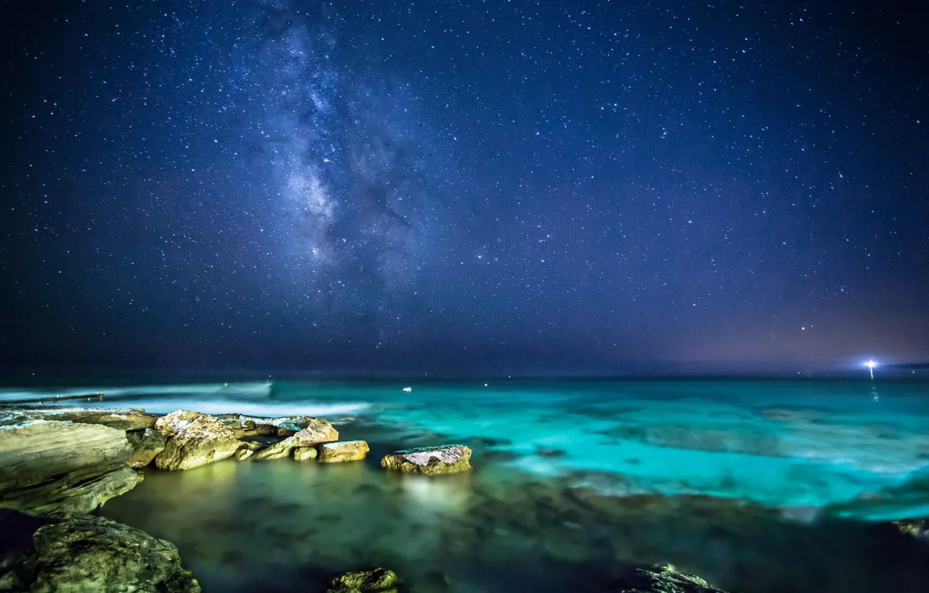 Photo wallpaper sea, the sky, stars, night, stones, the milky way
