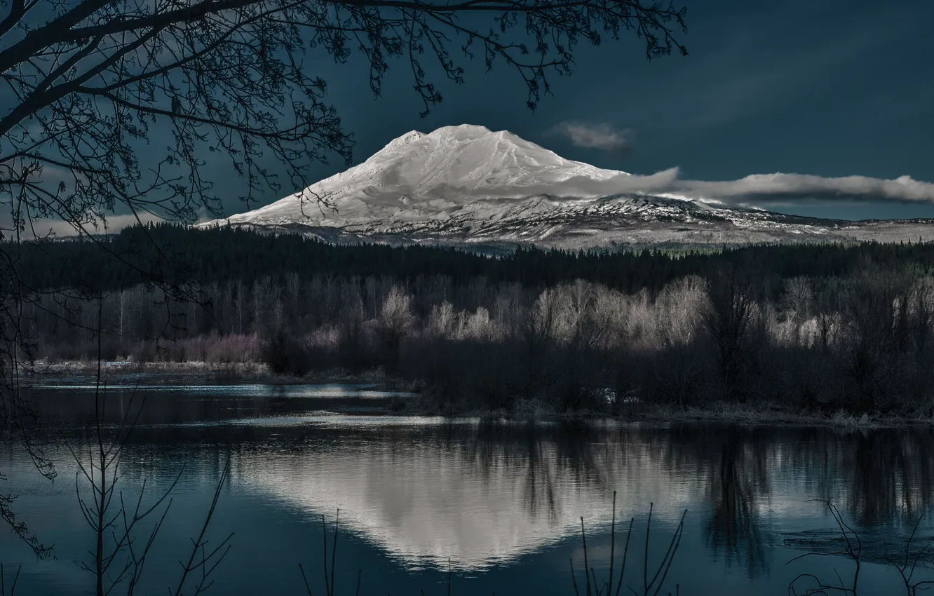 Photo wallpaper reflection, night, lake, mountain, nature, Mountain, night, winter