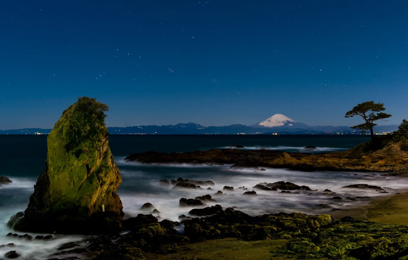 Photo wallpaper sea, wave, the sky, landscape, shore, the volcano