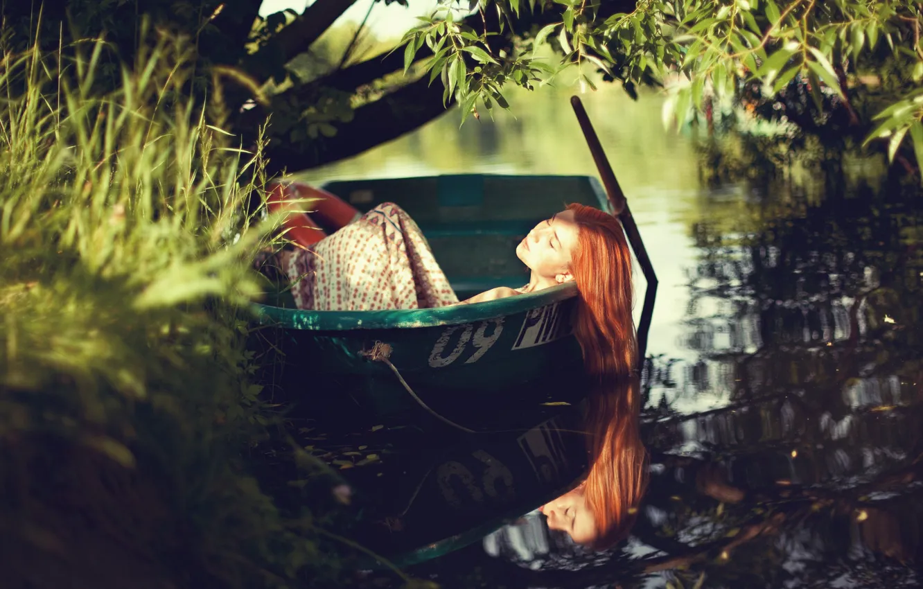 Photo wallpaper summer, girl, nature, pose, river, boat, Olga Aprelskaya