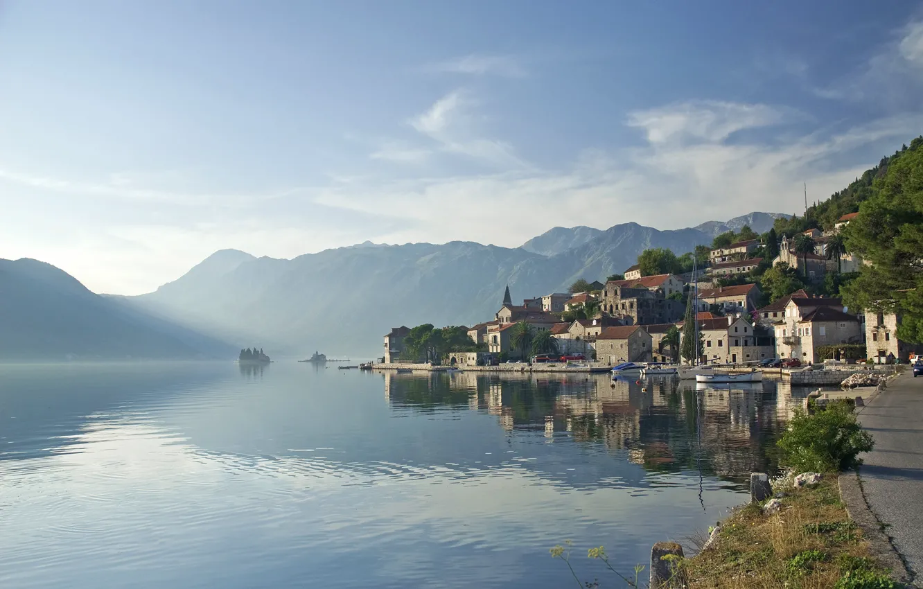 Photo wallpaper sea, the city, morning, Montenegro, the fjord, Jadran, Montenegro, Perast
