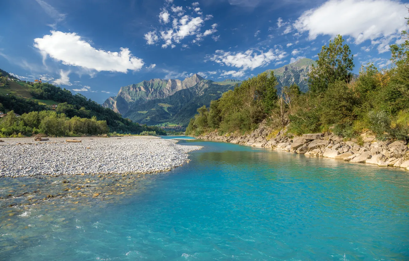 Photo wallpaper clouds, trees, mountains, river, blue sky, Ruslan Avdevich
