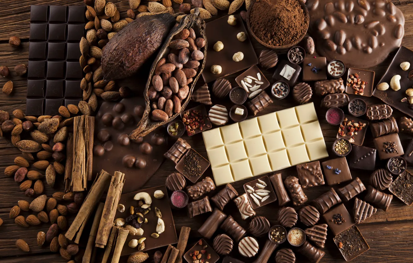 Photo wallpaper Chocolate, Candy, Sweets, Food, Nuts, Cinnamon