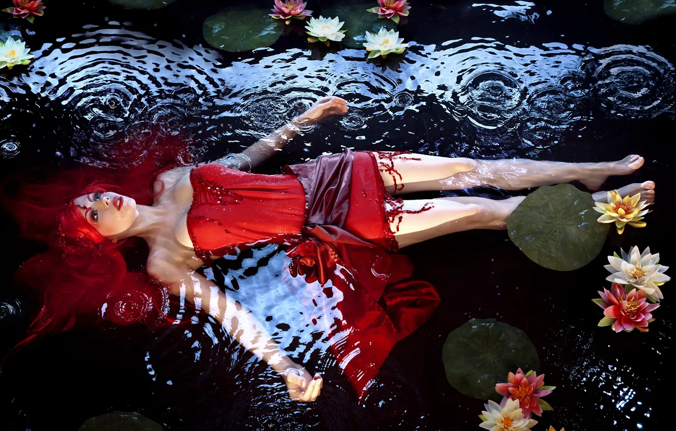 Photo wallpaper water, girl, red, background, hair, dress, beautiful, lies
