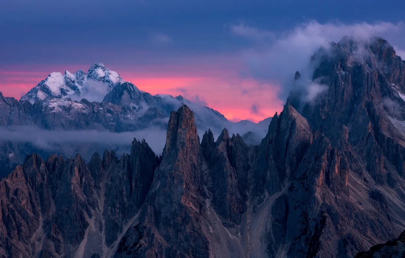 Photo wallpaper sunset, mountains, tops, Italy, Italy, The Dolomites, Veneto, Dolomites