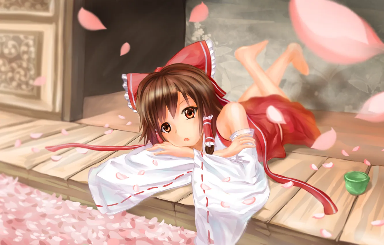 Photo wallpaper girl, petals, Sakura, lies, bow, touhou, hakurei reimu