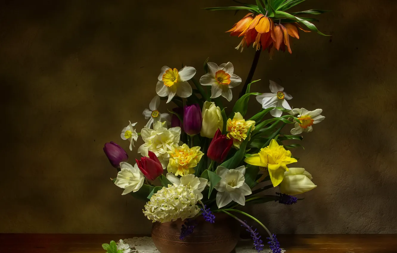 Photo wallpaper flowers, orange, yellow, red, table, bouquet, tulips, pot