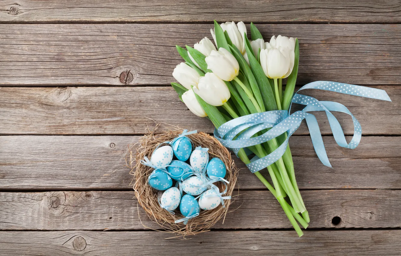 Photo wallpaper flowers, eggs, spring, Easter, white, happy, wood, blue