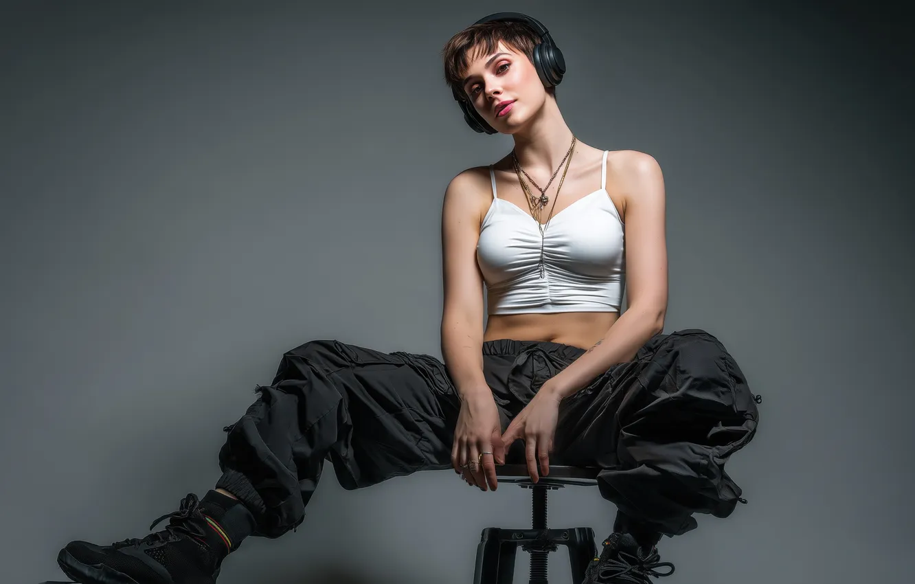 Photo wallpaper headphones, women, sitting, cargo pants, AI Art