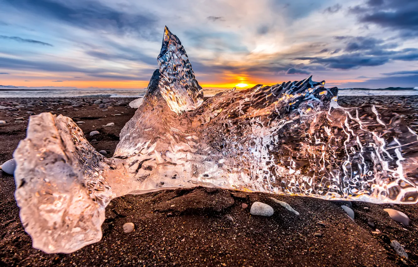Photo wallpaper ice, winter, sand, sea, the sky, the sun, clouds, sunset