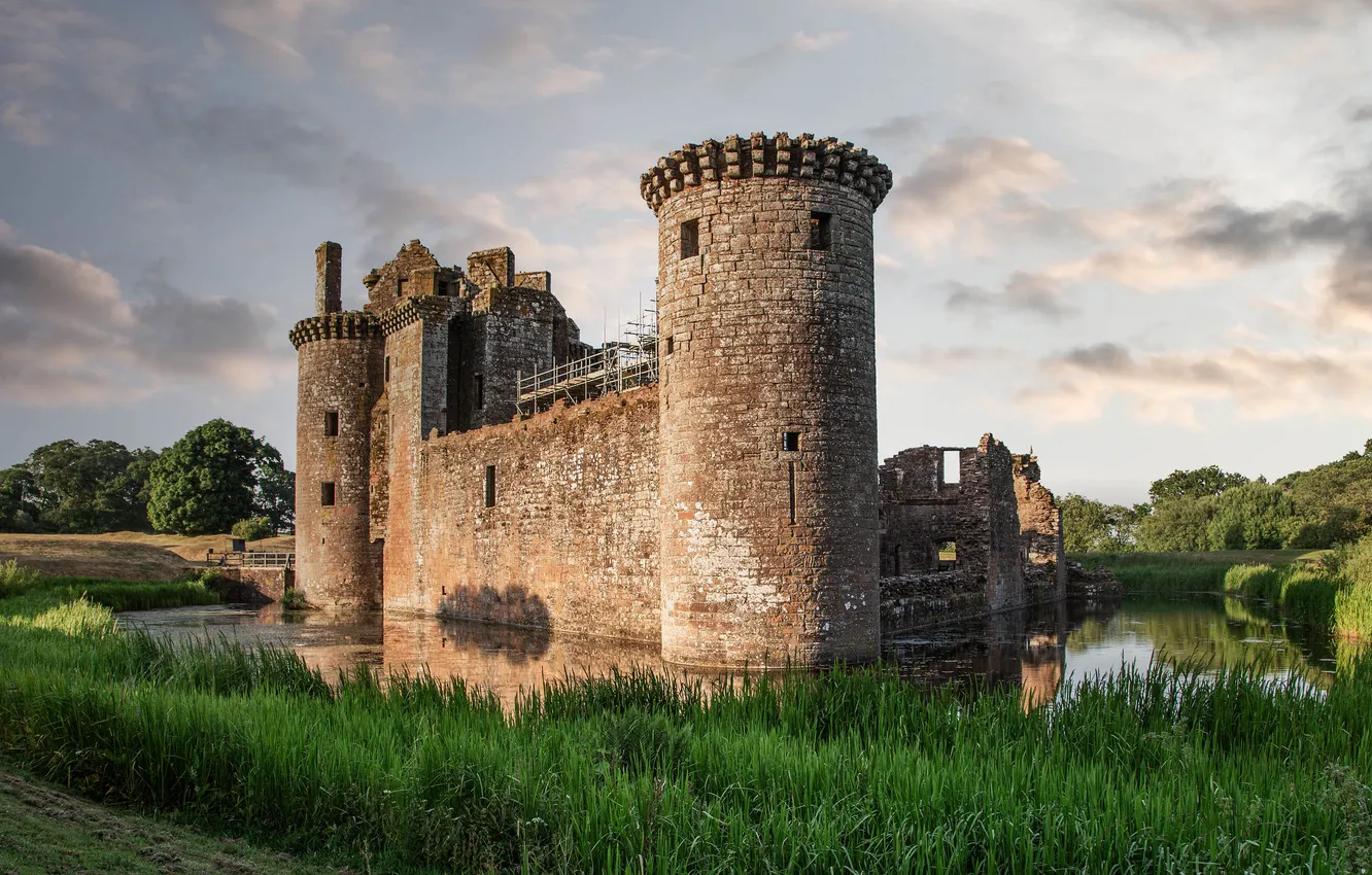 Photo wallpaper forest, trees, shore, ruins, castle, glade, pond, lake