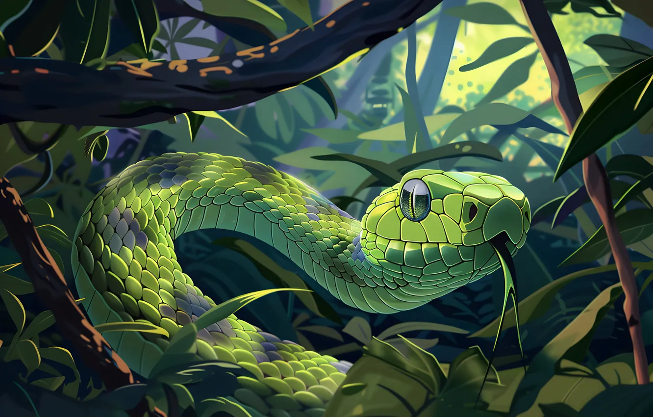 Photo wallpaper forest, language, look, face, animal, snake, art, reptile