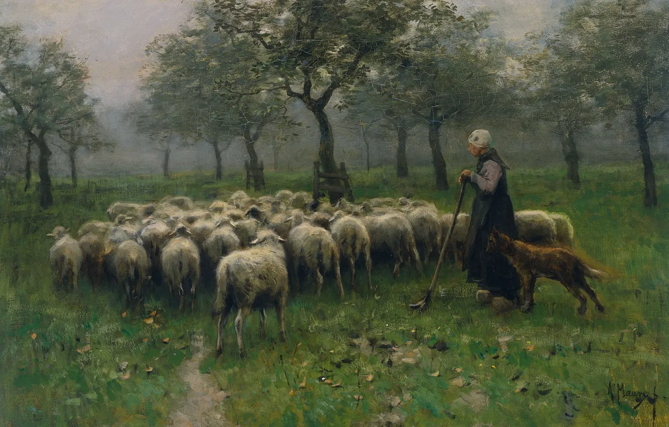 Photo wallpaper animal, oil, picture, canvas, Anton Mauve, Shepherdess with Flock of Sheep