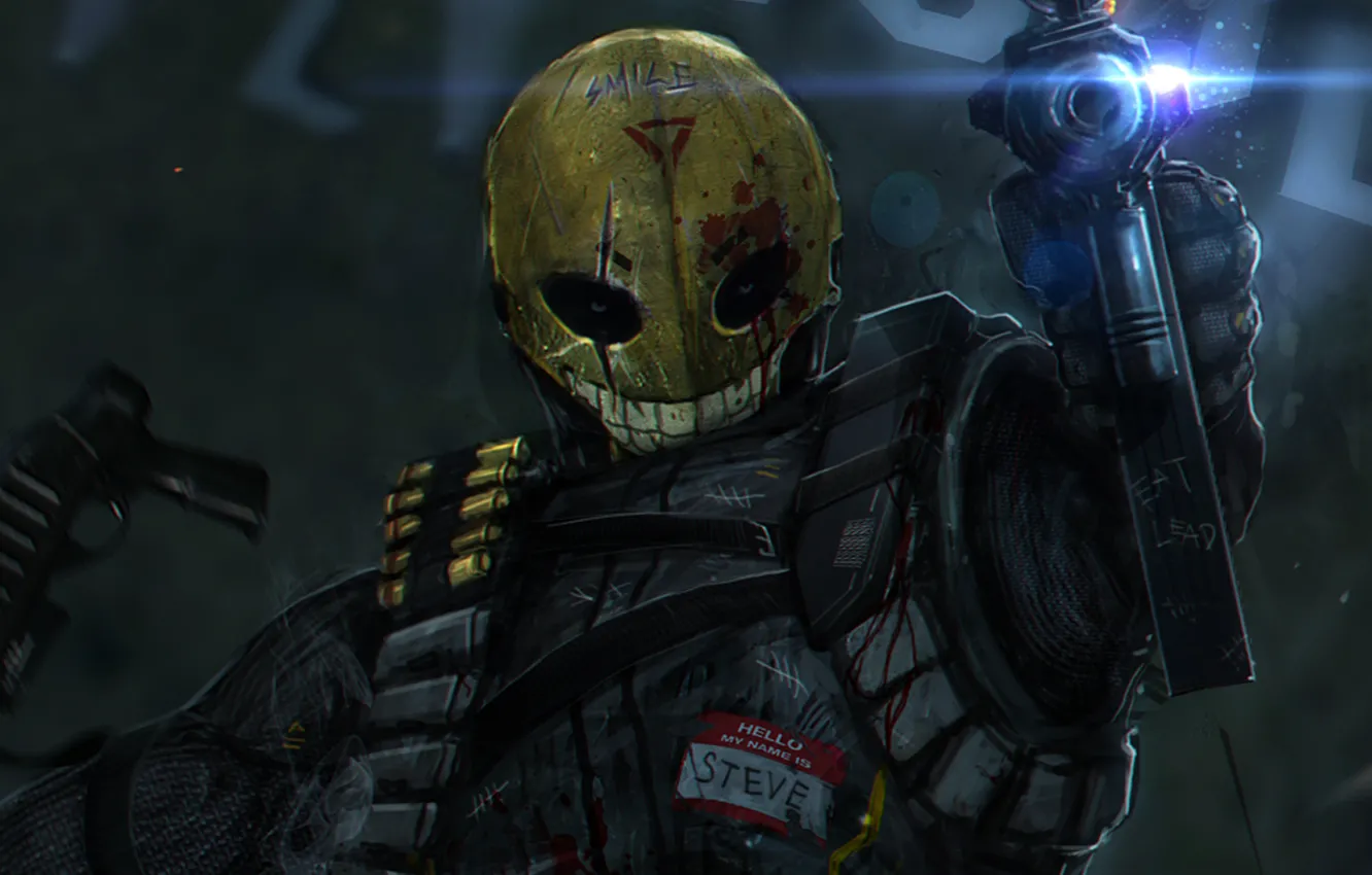 Photo wallpaper smile, weapons, blood, man, mask, art, soldiers, machine