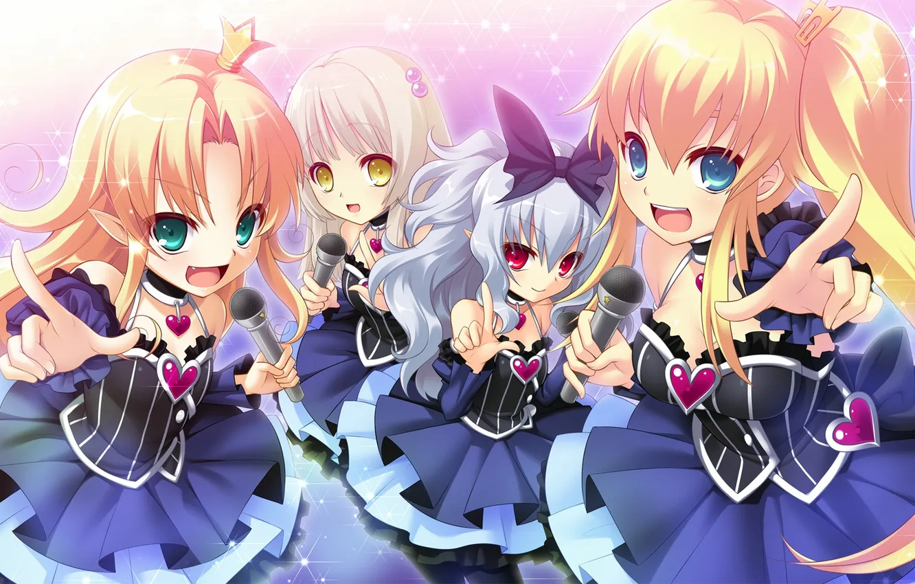 Photo wallpaper crown, hearts, microphone, bow, art, fun, Quartet, visual novel
