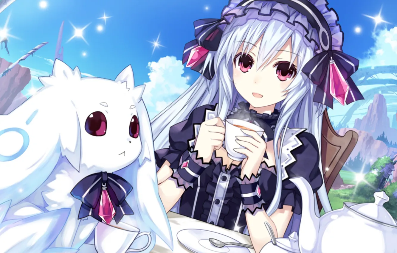 Photo wallpaper the sky, cat, look, girl, mountains, smile, mood, art