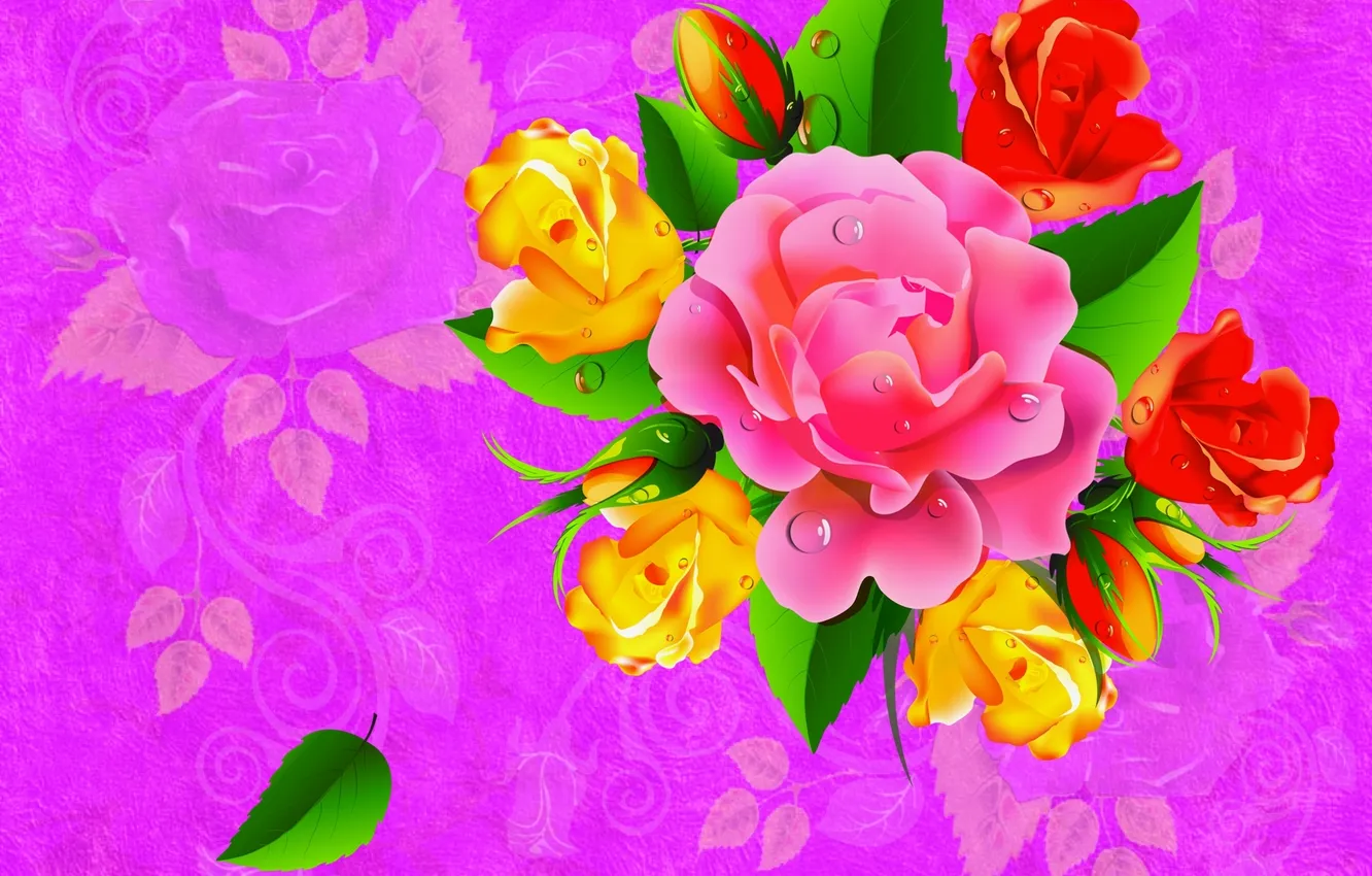 Photo wallpaper flower, drops, sheet, rose, vector, bouquet, silhouette