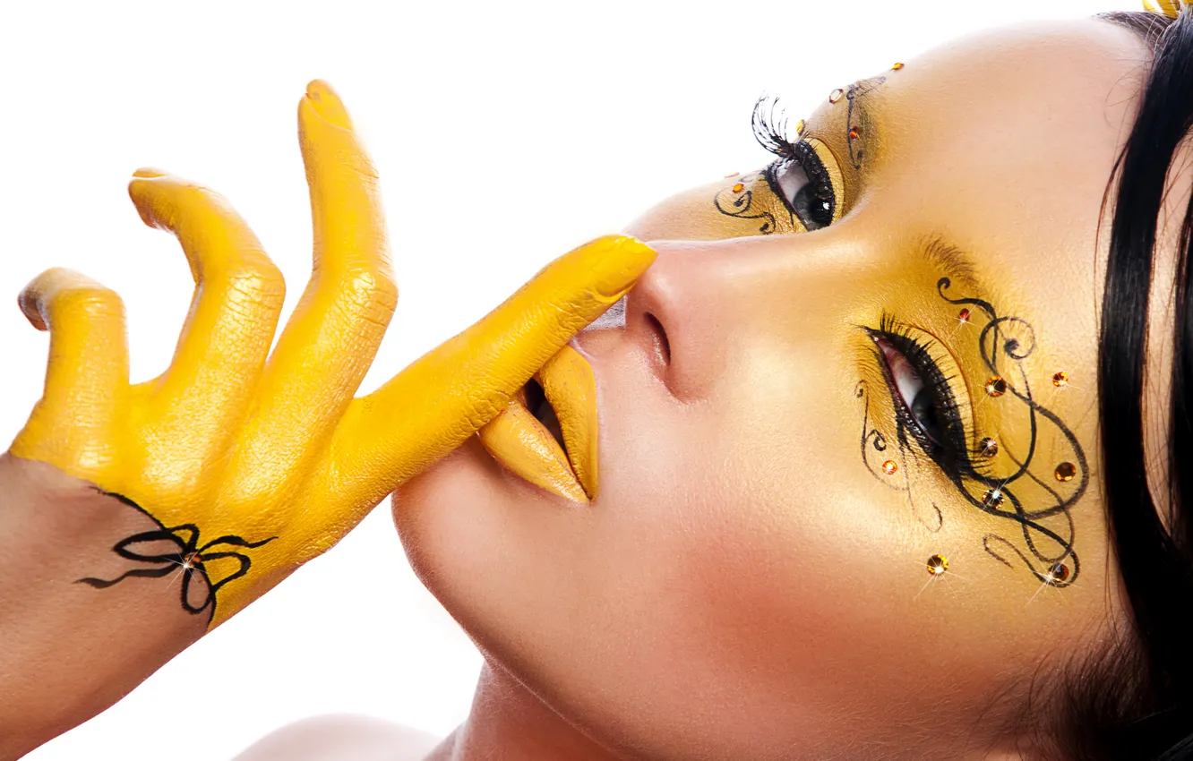 Photo wallpaper look, girl, face, eyelashes, model, hands, lips, gesture