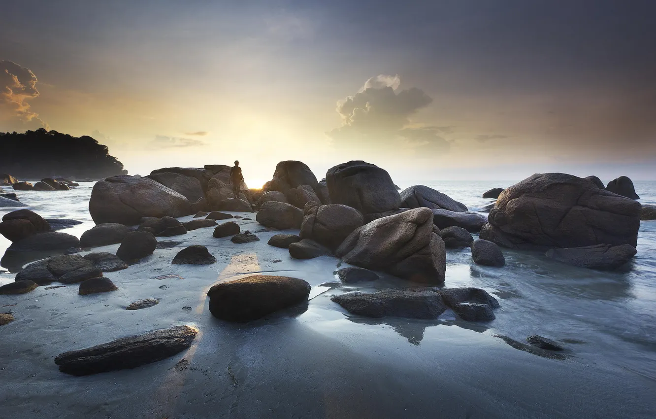 Photo wallpaper beach, landscape, stones, the ocean, dawn, boulders