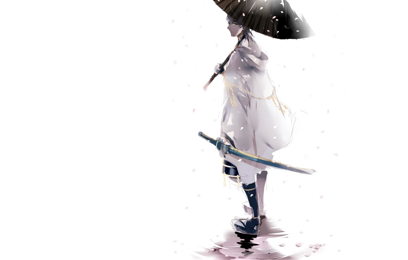 Photo wallpaper snow, katana, umbrella, puddle, white background, guy, the white cloak, Touken Ranbu