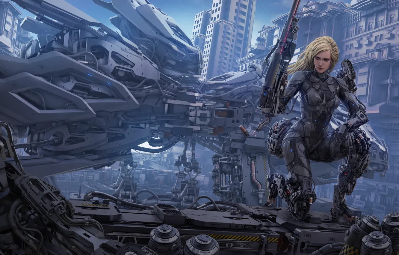 Photo wallpaper girl, the city, weapons, fiction, art, blonde, cyborg