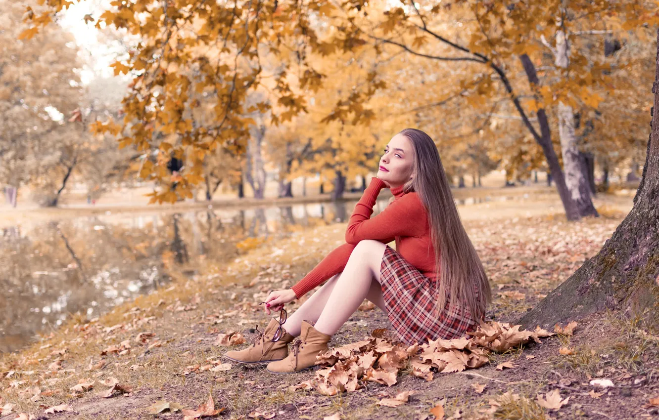 Photo wallpaper autumn, girl, trees, branches, lake, pond, Park, mood