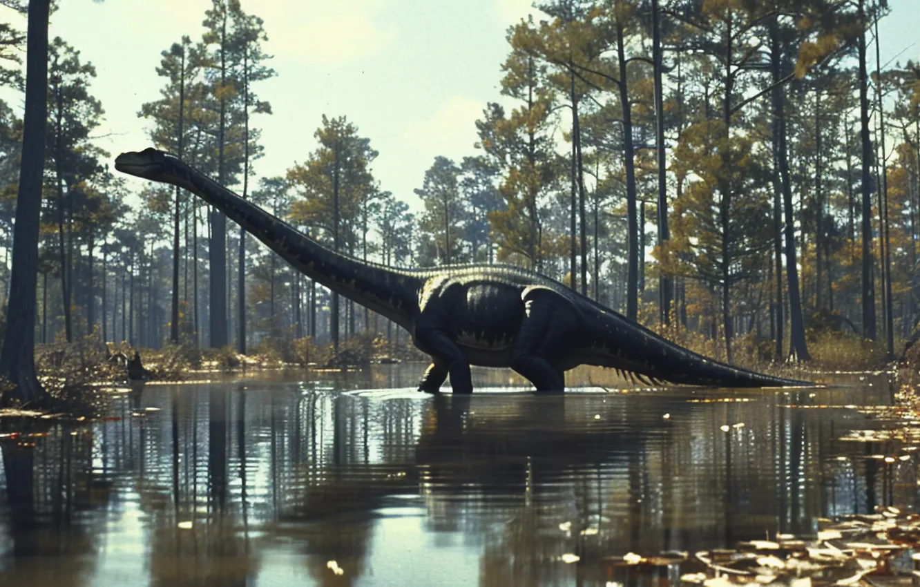 Photo wallpaper trees, lake, animal, dinosaur, digital art, Ancient animals, Extinct animals, Prehistoric