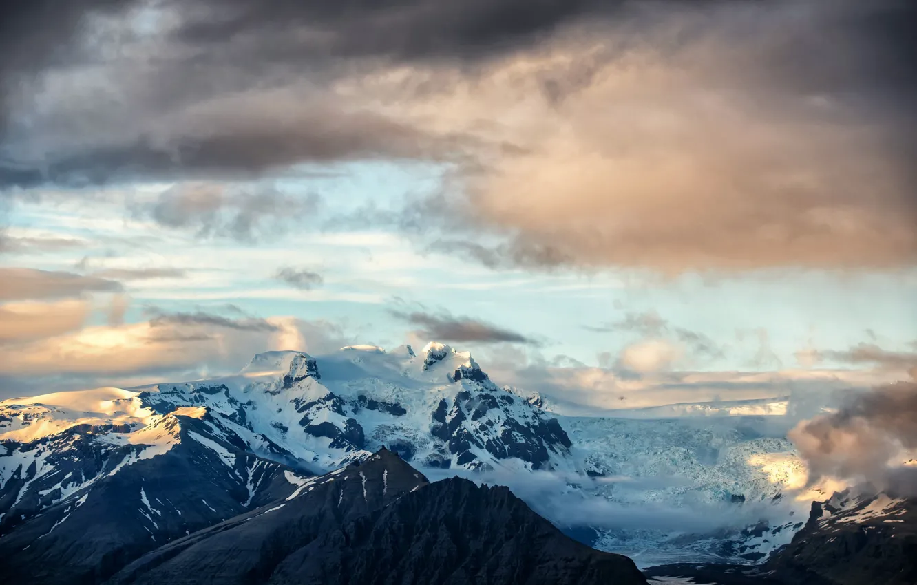Photo wallpaper clouds, snow, sunset, mountains, storm, contrast